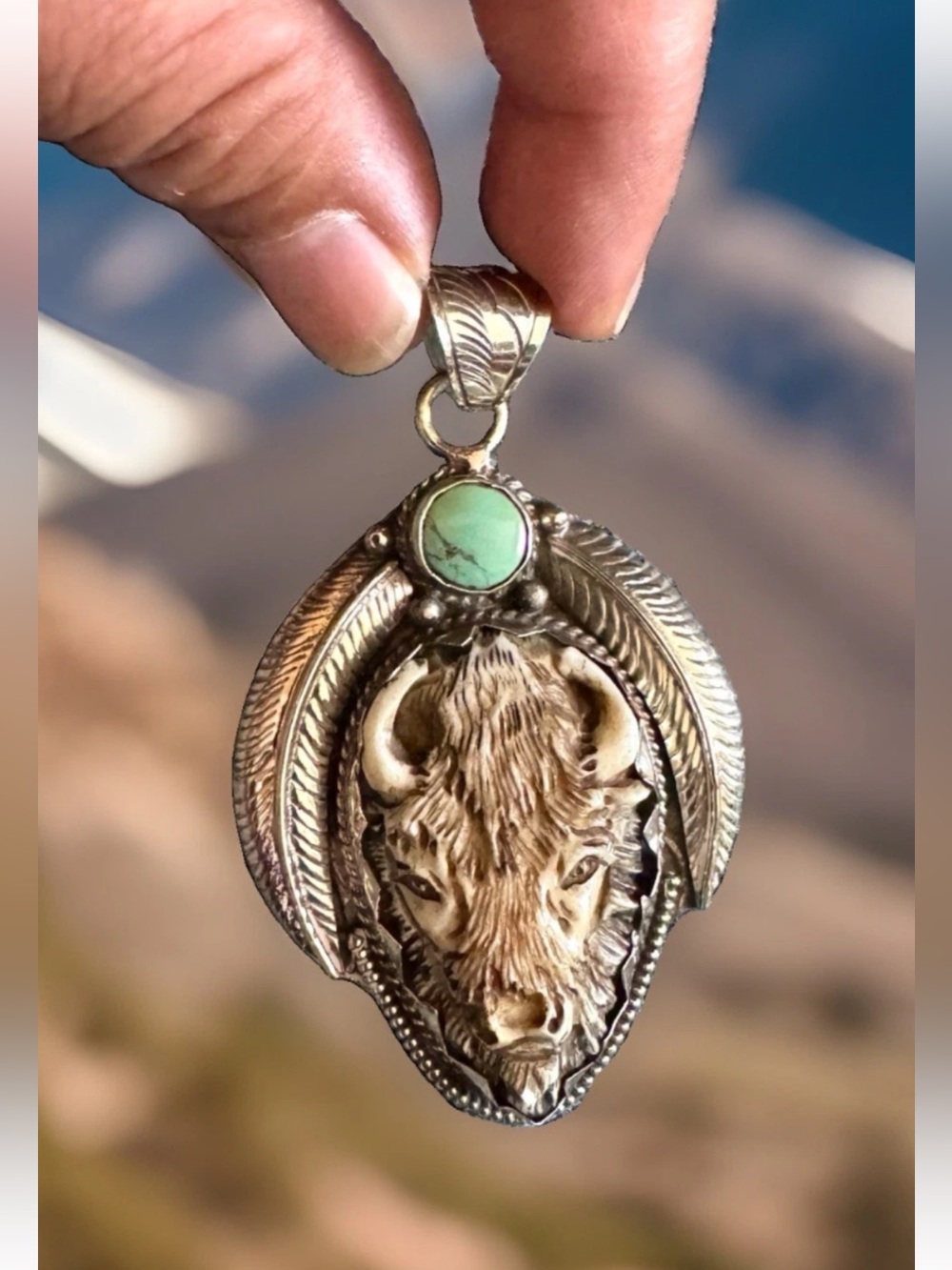 Hand Carved Bone Pendant,Bison Face Art,Green Turquoise & Silver,3”inch,26grams